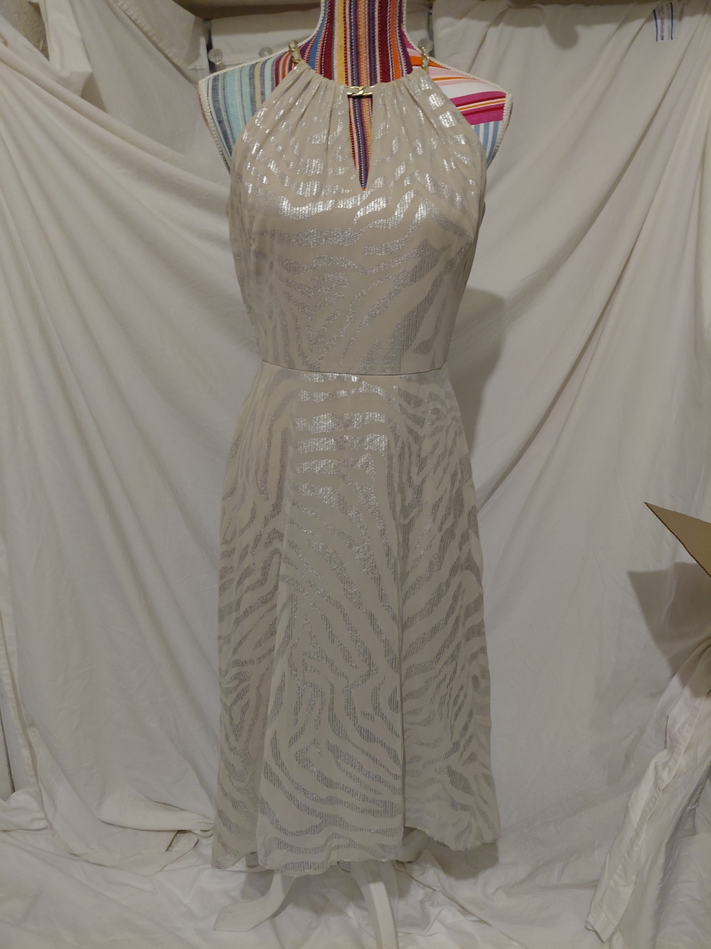 White House Black Market Ivory Metallic Zebra-Print Halter Midi Dress